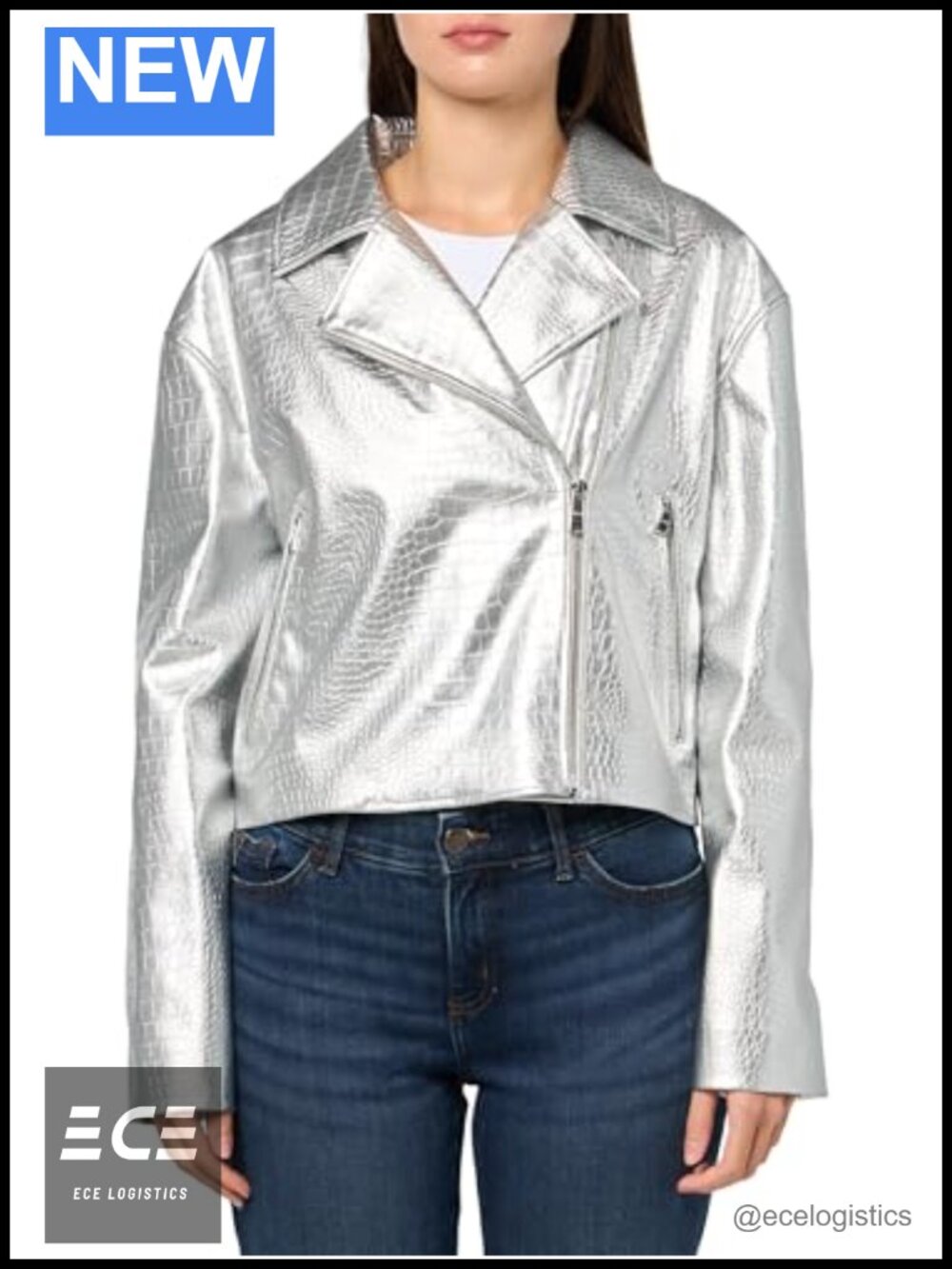 Textured Leather Cropped Jacket Notch Collar Zip Long Sleeve